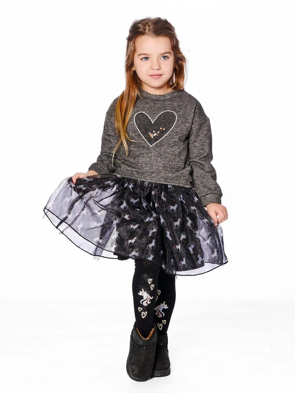 Deux par Deux Bi-Material Dress With Mesh Unicorn Print Skirt And Heart - Size 5